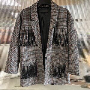 Womens Blank NYC XS Cowgirl Fringe Houndstooth Western Blazer